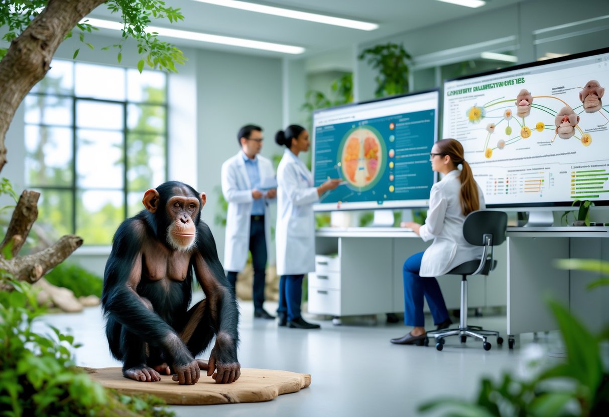 A chimpanzee in a naturalistic enclosure looks at a human researcher observing and taking notes in a modern laboratory setting.
