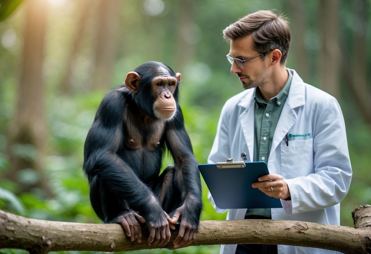A chimpanzee sitting calmly on a branch looking at a human researcher observing it in a natural environment.