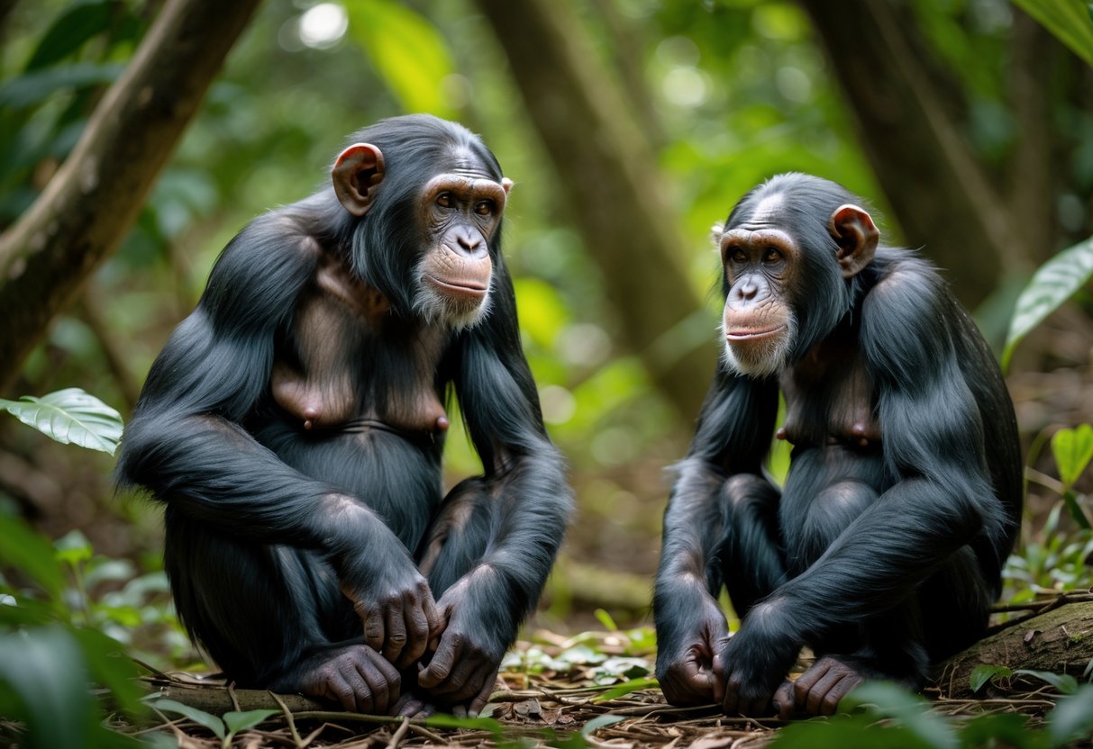 A mature female chimpanzee sitting on the forest floor with a younger male chimpanzee nearby in a jungle setting.
