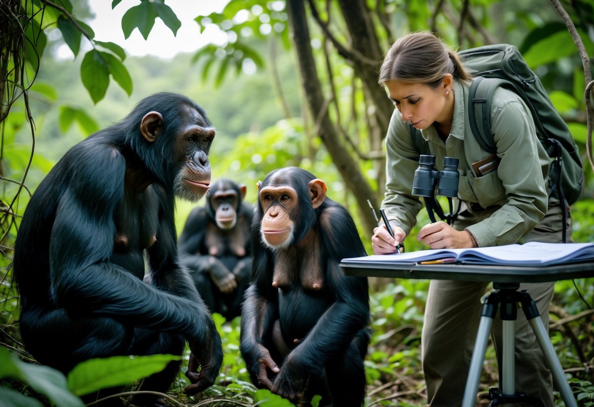 A male chimpanzee observing an older female chimpanzee in a forest while a researcher takes notes nearby.
