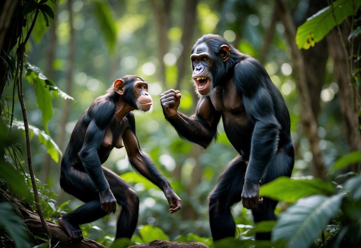 A dominant male chimpanzee aggressively confronting a female chimpanzee in a dense forest environment.
