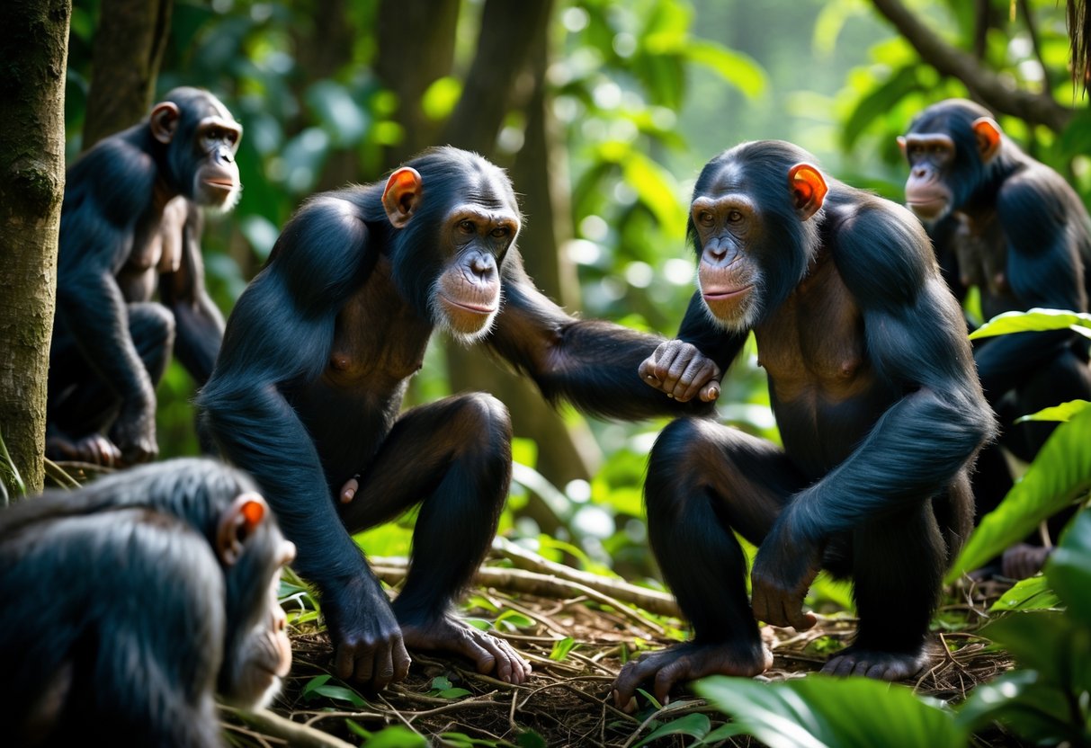 A dominant male chimpanzee displaying assertive behavior toward a female chimpanzee in a forest setting while other chimpanzees watch nearby.