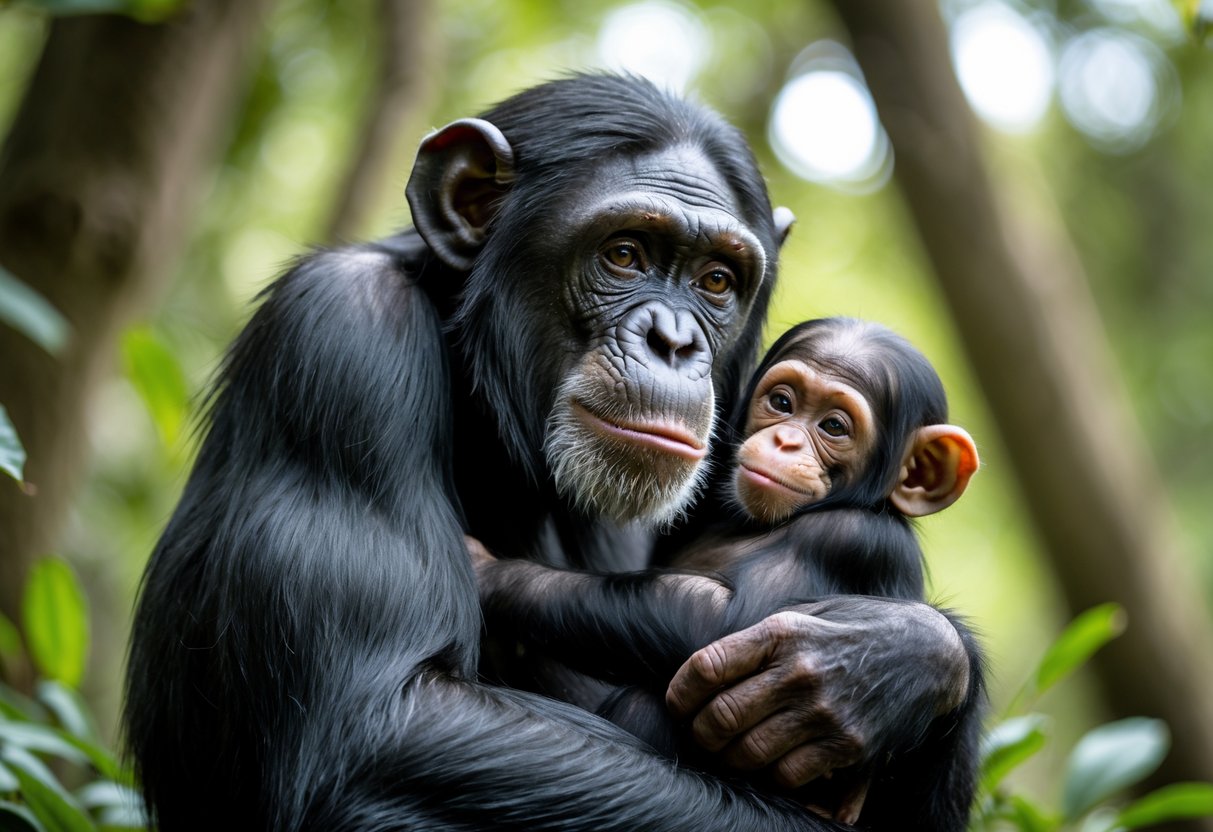 A male chimpanzee gently holding an infant chimpanzee in a forest, showing a close and caring interaction.