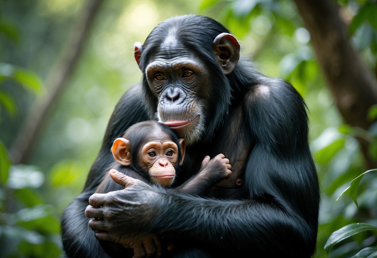 A male chimpanzee gently holding and looking at a baby chimpanzee in a forest setting.