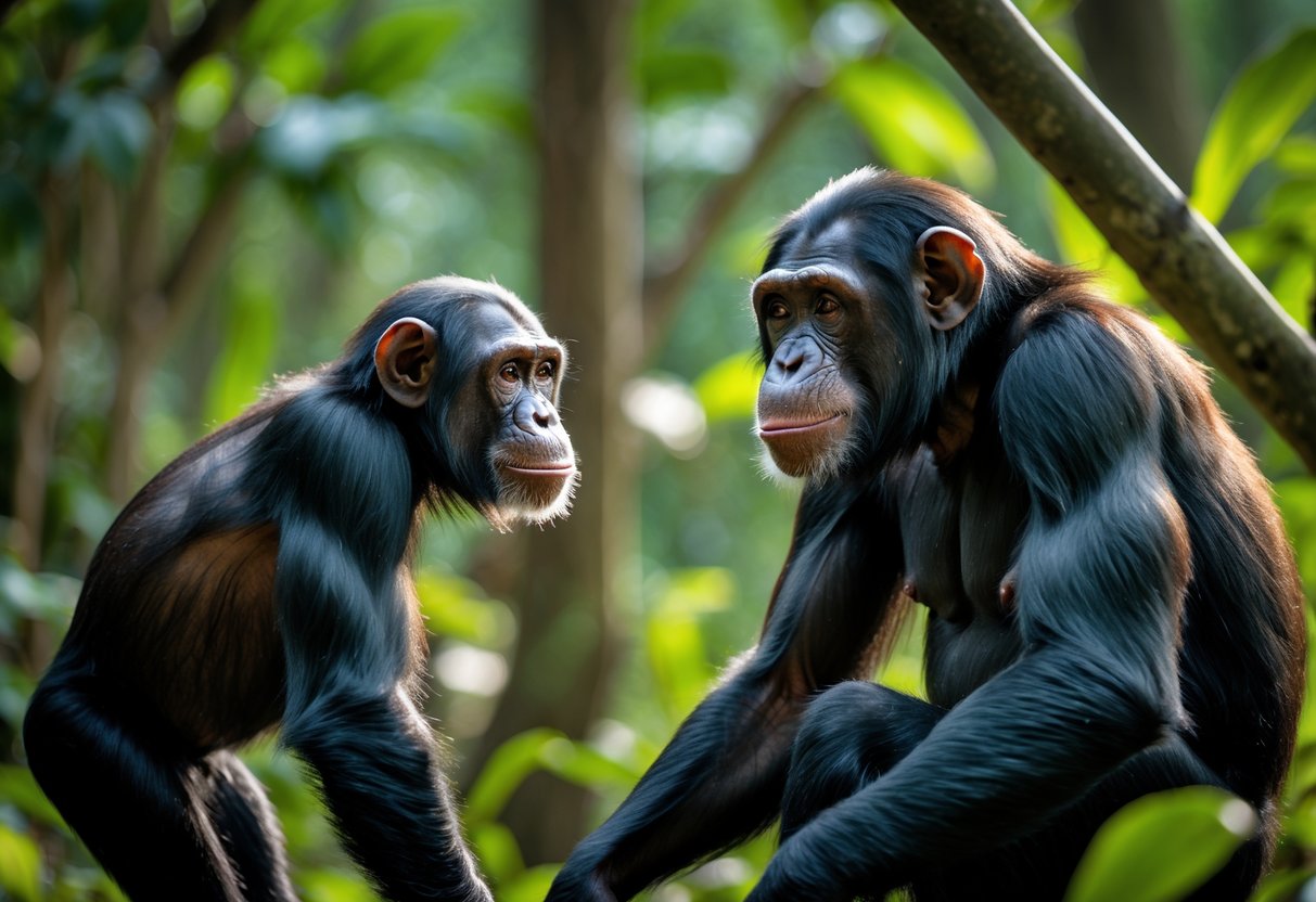 A person calmly facing a chimpanzee that is approaching them in a forest setting.