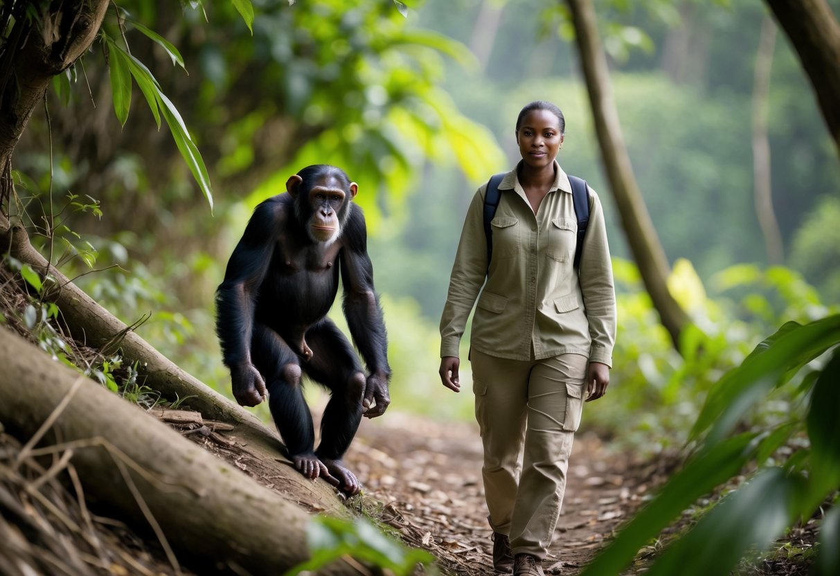 A person calmly standing outdoors as a chimpanzee approaches at a safe distance in a forest setting.