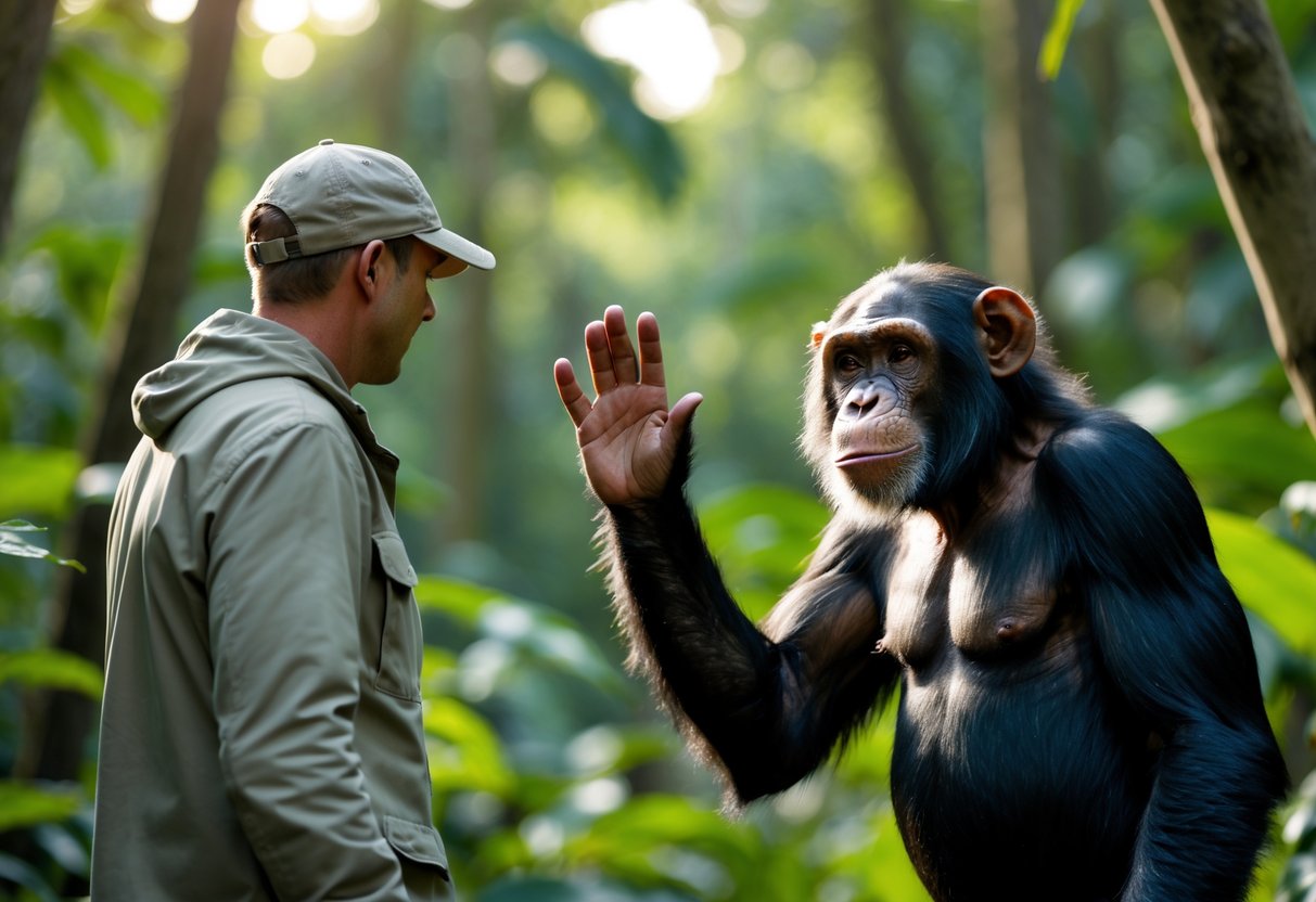 A person calmly facing a chimpanzee in a forest, maintaining a safe distance with a raised hand in a peaceful gesture.