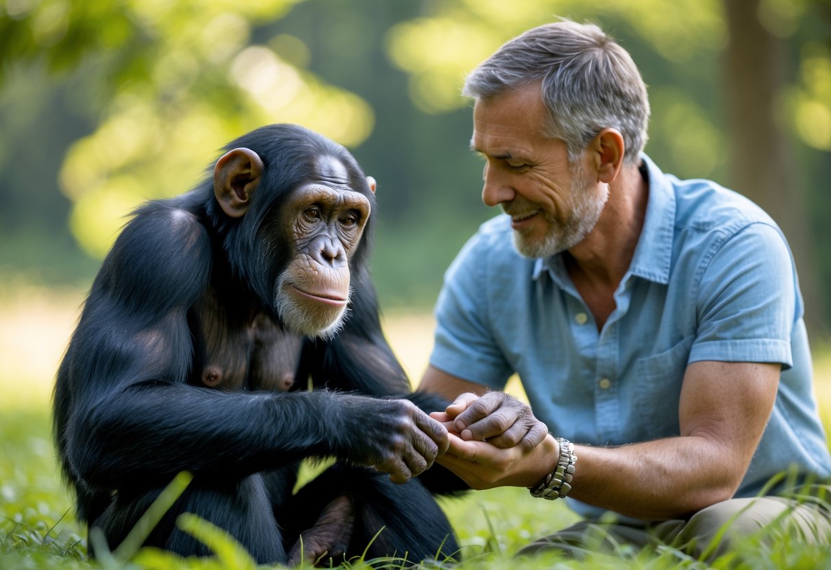 A chimpanzee and a human sitting outdoors, holding hands and looking at each other warmly.