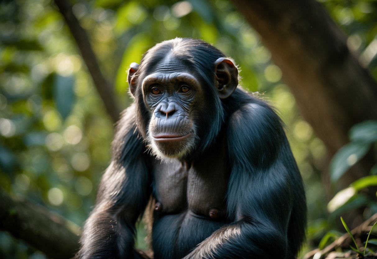 A close-up of a chimpanzee sitting calmly in a forest with green foliage in the background.