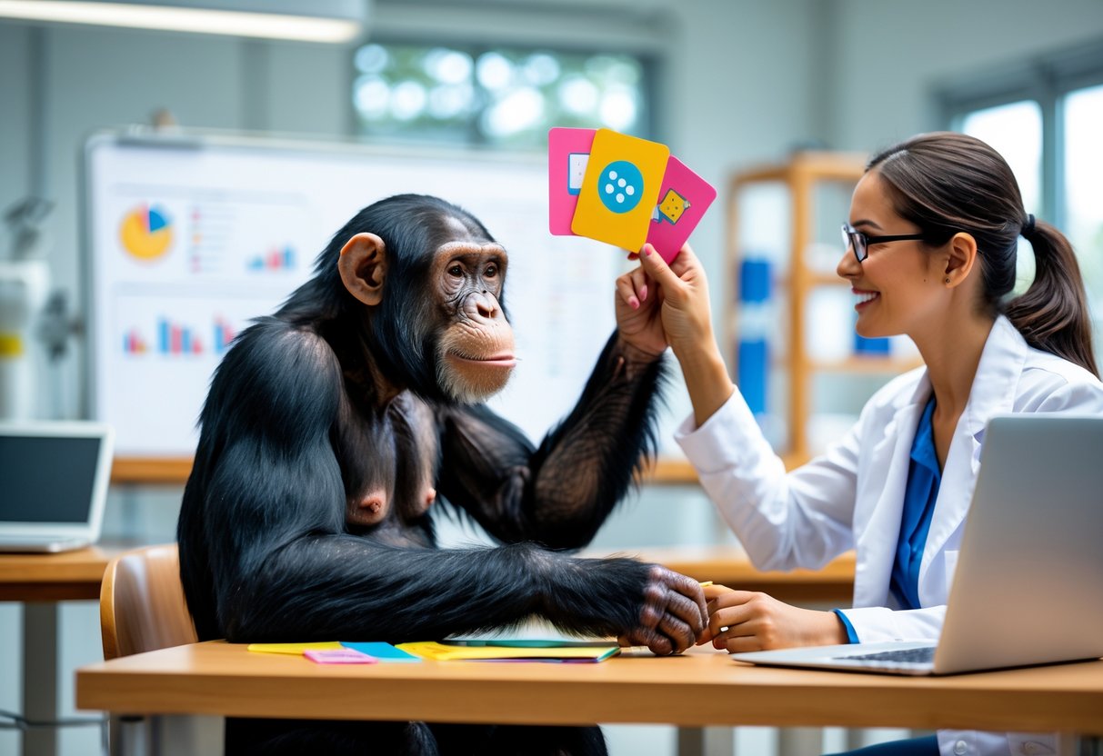 A chimpanzee sitting at a desk looking attentively at a human holding colorful flashcards in a research laboratory.