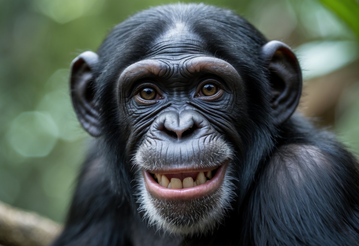 A chimpanzee smiling directly at the camera with a natural green background.