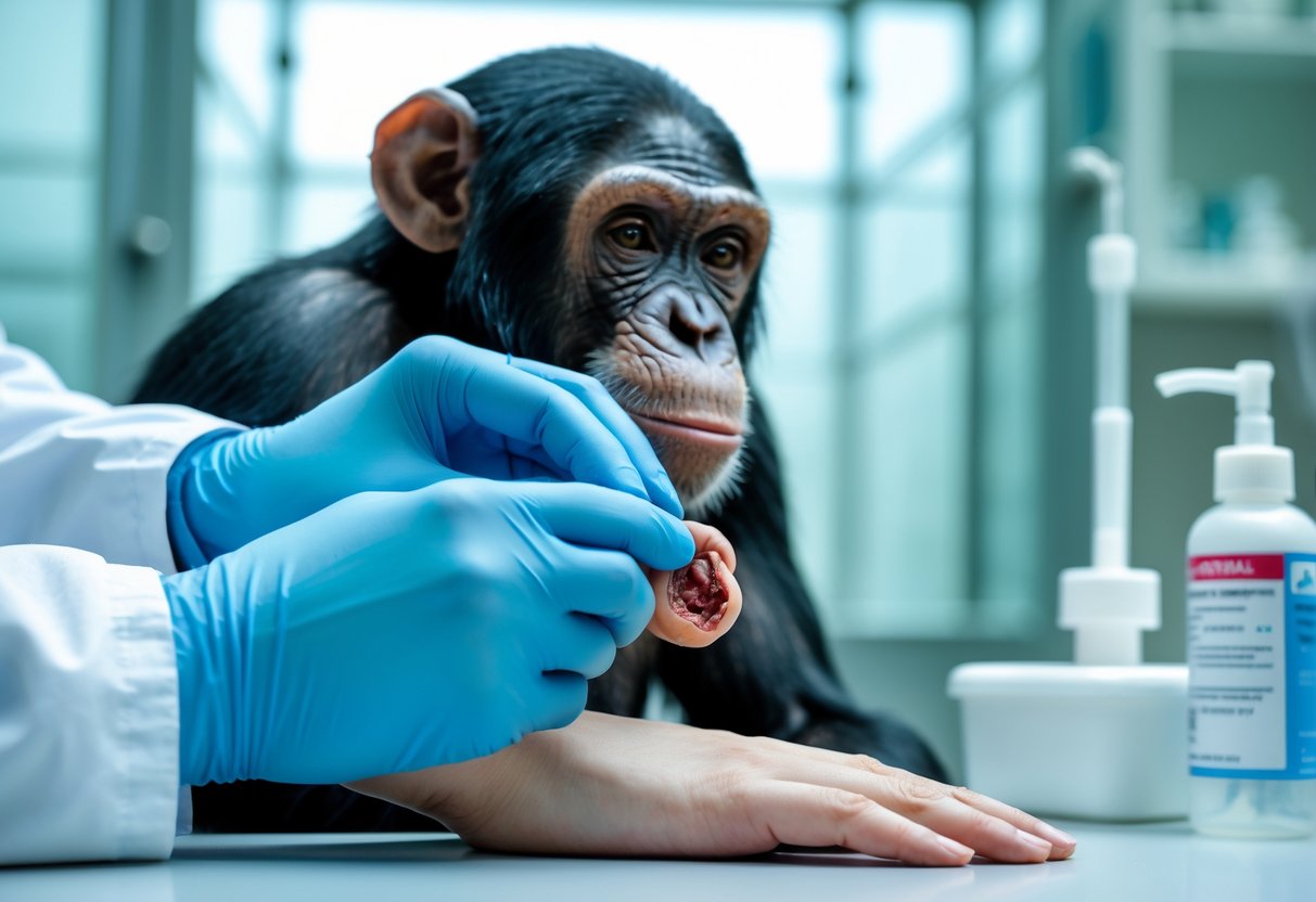 A medical professional examining a small bite wound on a person's hand with a chimpanzee visible behind a safe enclosure in the background.