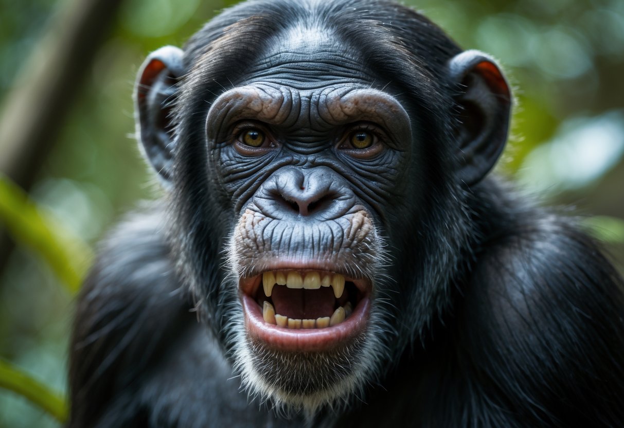 Close-up of a chimpanzee showing an angry facial expression in a forest setting.