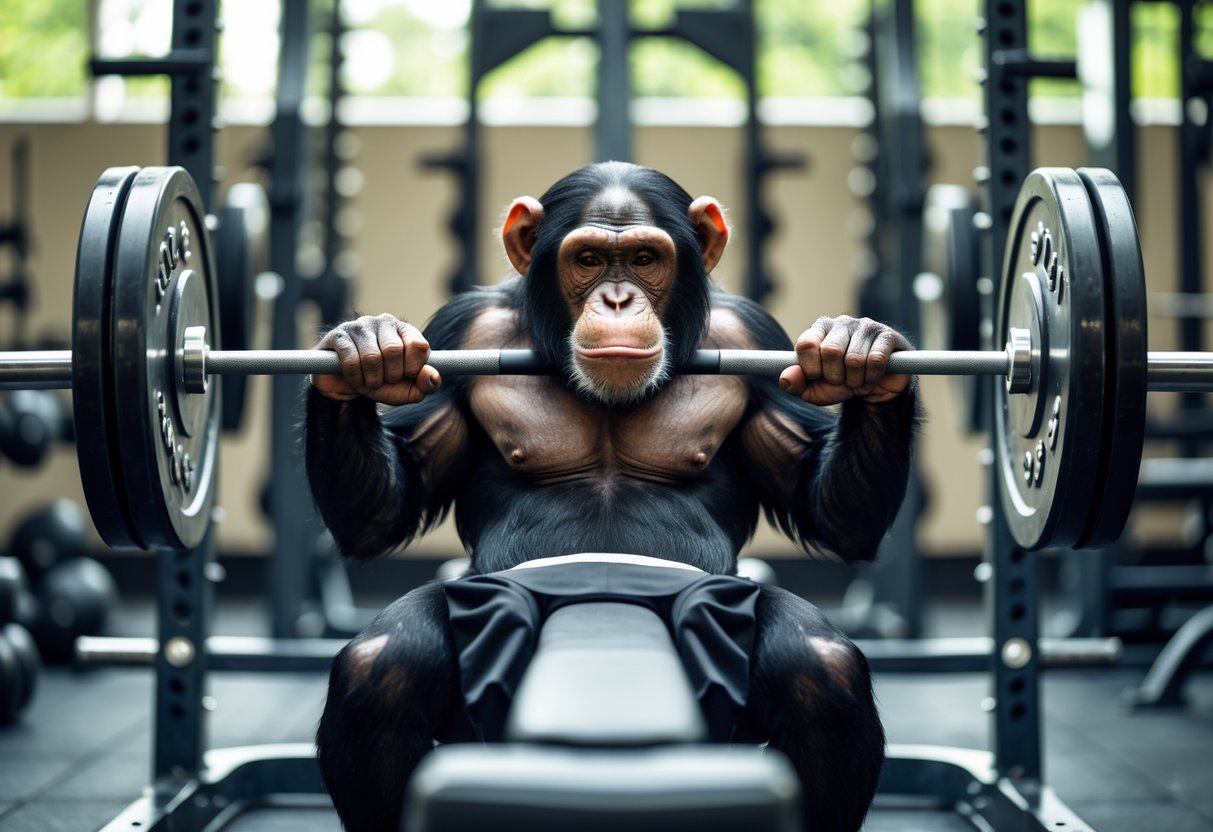 A chimpanzee lifting a barbell while lying on a bench press in a gym.