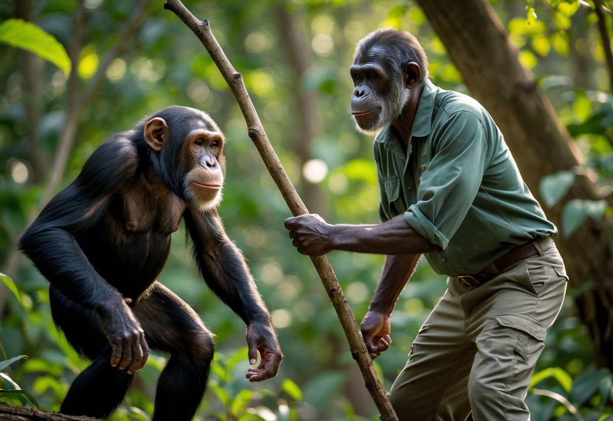 A man in casual clothes stands defensively holding a branch while facing a chimpanzee in a forest.