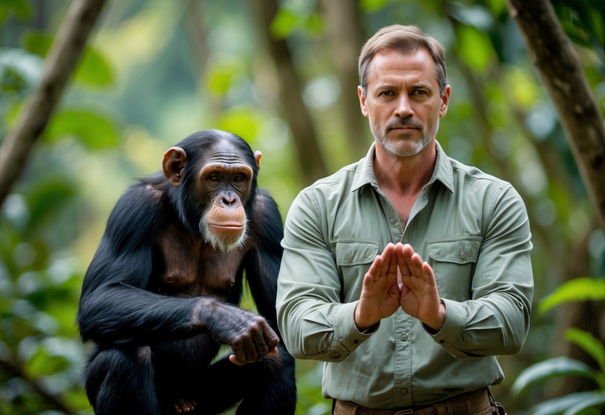 A man in a forest calmly holding his hands up to deter a curious chimpanzee at a safe distance.