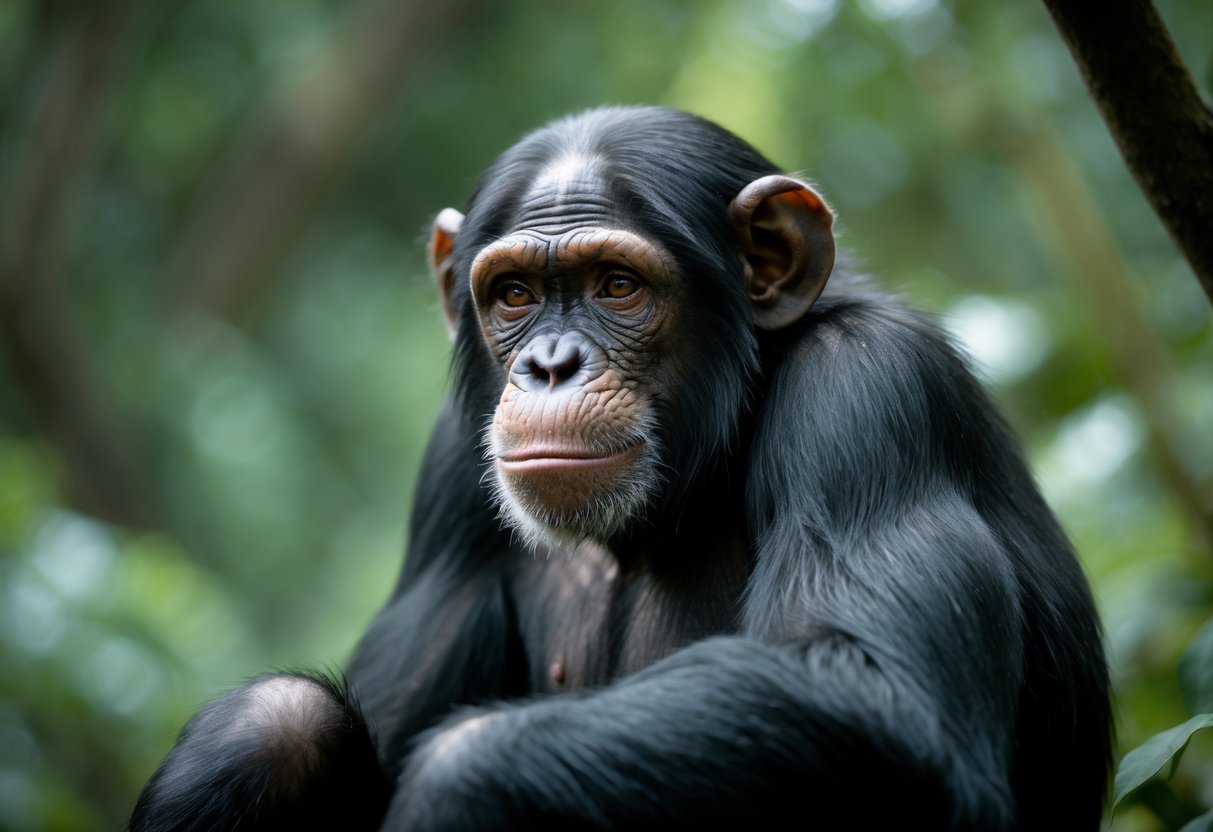 Close-up of a chimpanzee with a sad expression sitting in a forest.