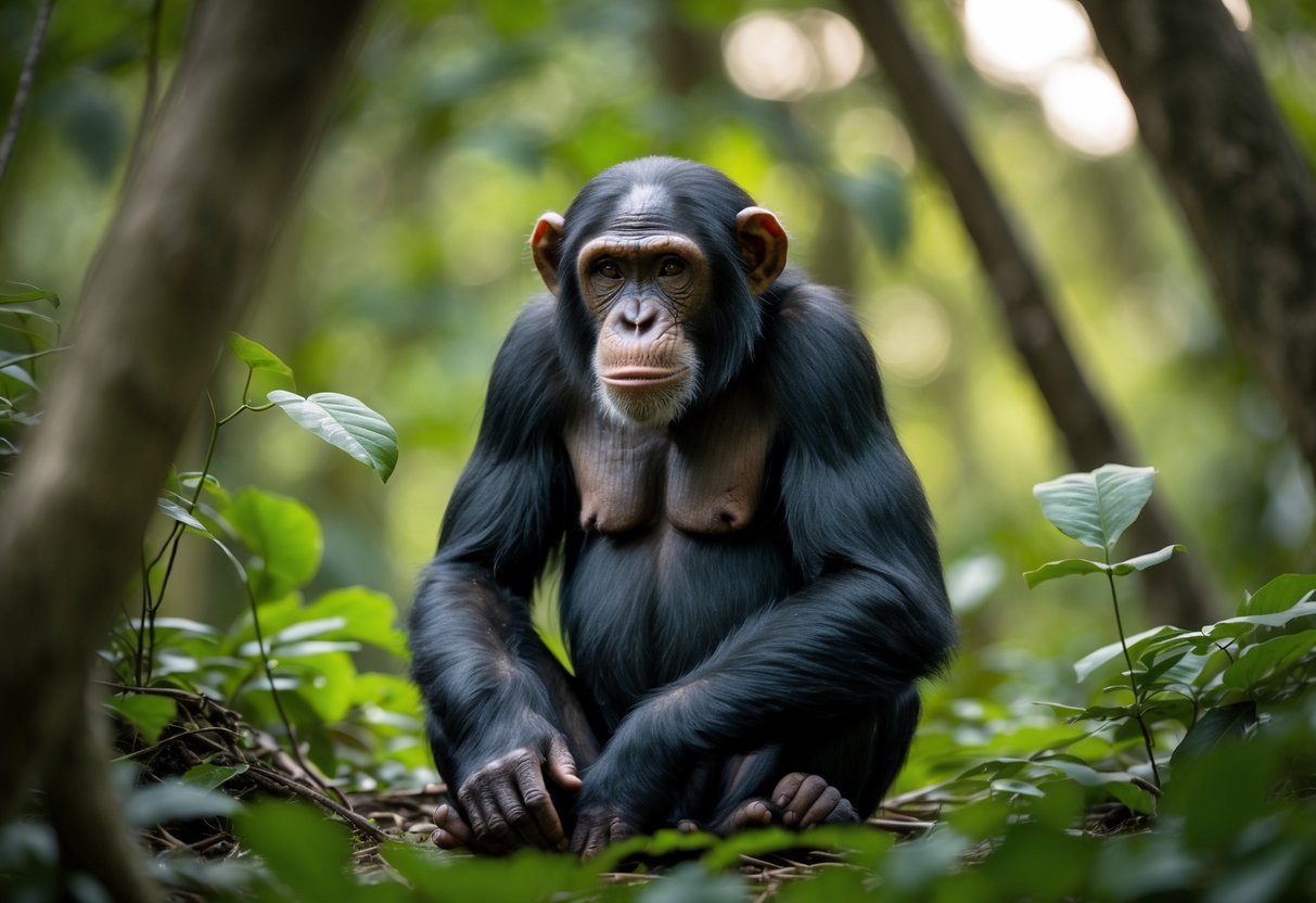 A chimpanzee sitting calmly on the forest floor surrounded by green foliage.