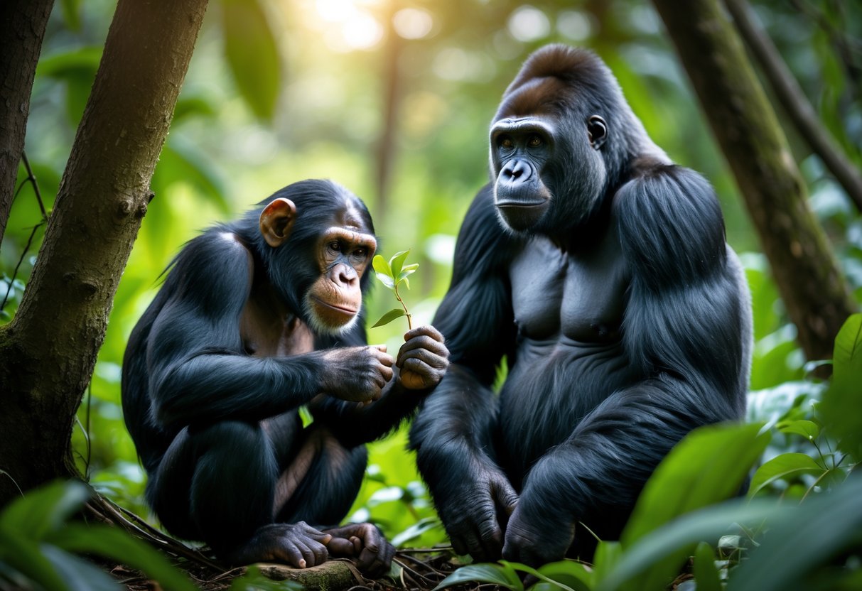 A chimpanzee and a gorilla sitting close together in a jungle, with the chimpanzee examining a small branch and the gorilla looking calmly nearby.