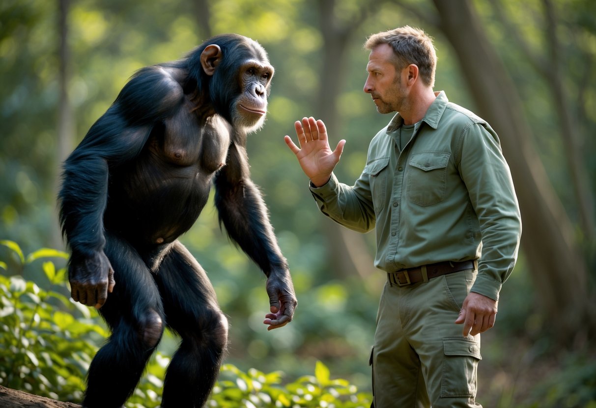 A man and a chimpanzee face each other outdoors with the chimpanzee standing upright and the man holding his hands up cautiously.