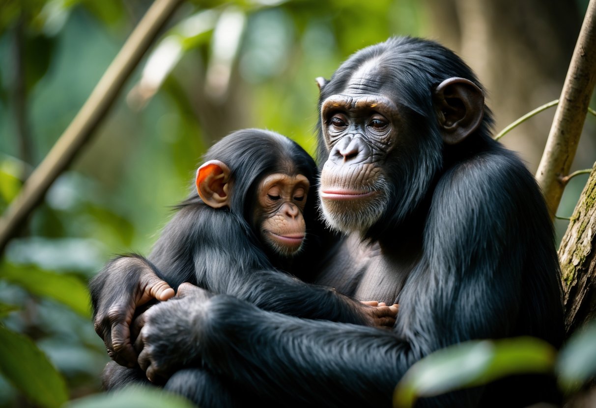 A baby chimpanzee sleeping while being held closely by its mother in a forest.