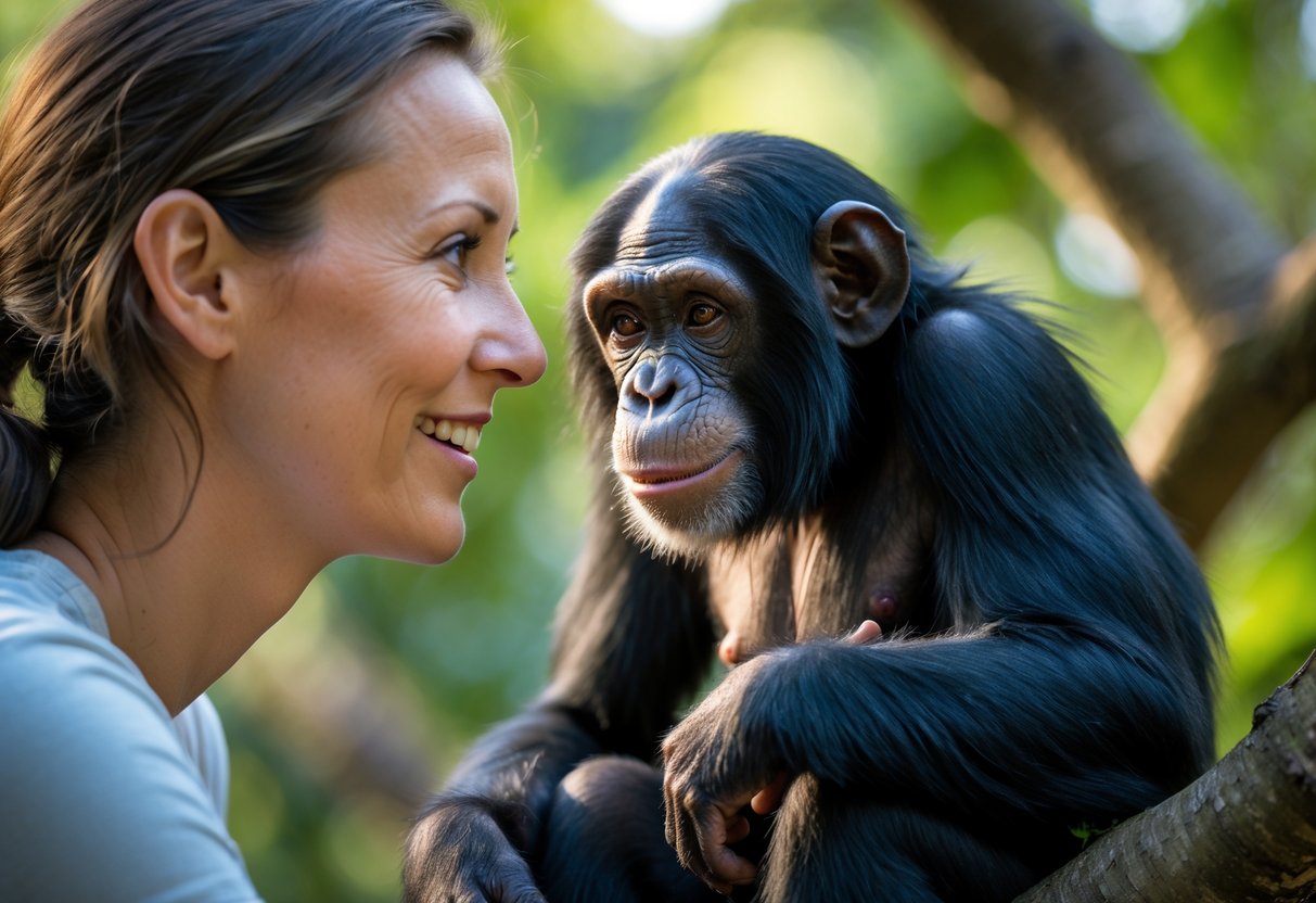 A person smiling and making eye contact with a calm chimpanzee sitting on a tree branch in a green outdoor setting.