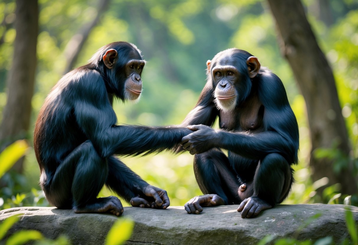 A person sitting outdoors gently touching hands with a chimpanzee, both showing friendly expressions in a forest setting.