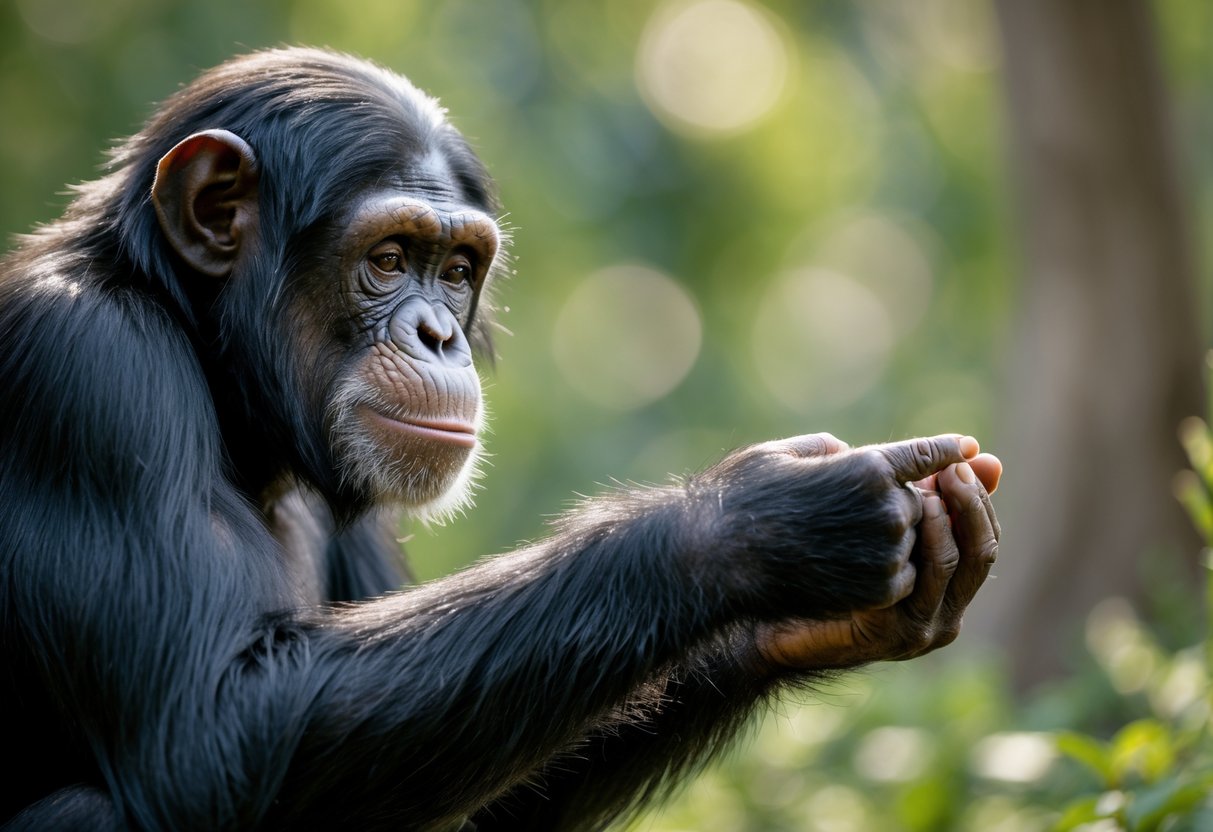 A chimpanzee and a human gently touching hands outdoors, showing a moment of connection.