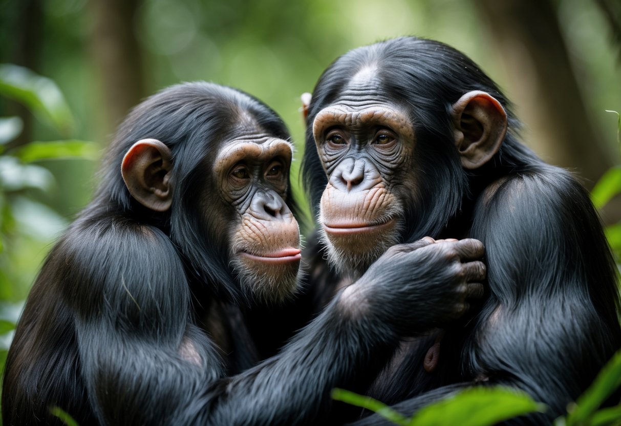 Two chimpanzees closely interacting in a forest, showing affectionate social behavior.