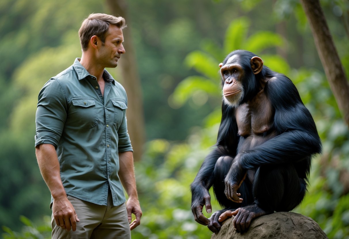 A man and a chimpanzee calmly observing each other in a forest setting.