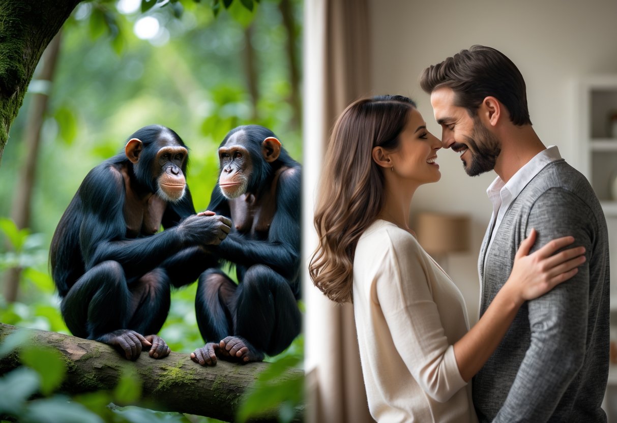 A chimpanzee pair interacting in a forest next to a human couple holding hands indoors, showing natural and intimate behaviors side by side.