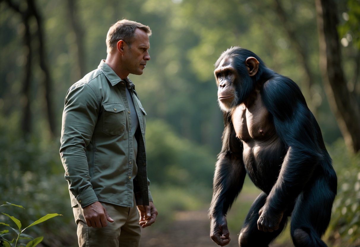 A fit adult man and a chimpanzee face each other closely in a forest, both showing alert and tense expressions.