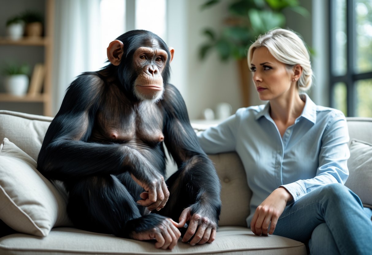 A chimpanzee sitting on a sofa next to a thoughtful adult in a living room.