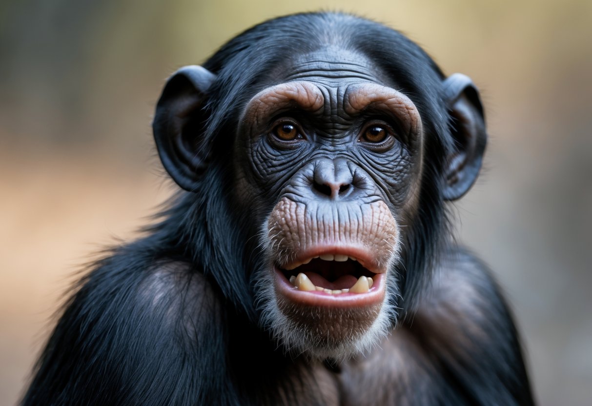 Close-up of a chimpanzee's face focusing on its mouth and throat area in a natural setting.