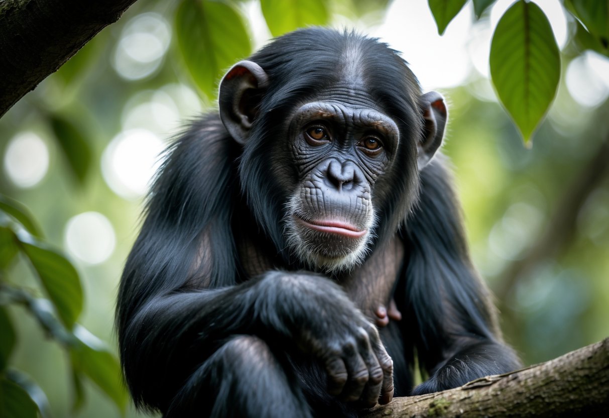 A chimpanzee sitting on a tree branch with a thoughtful expression in a forest setting.