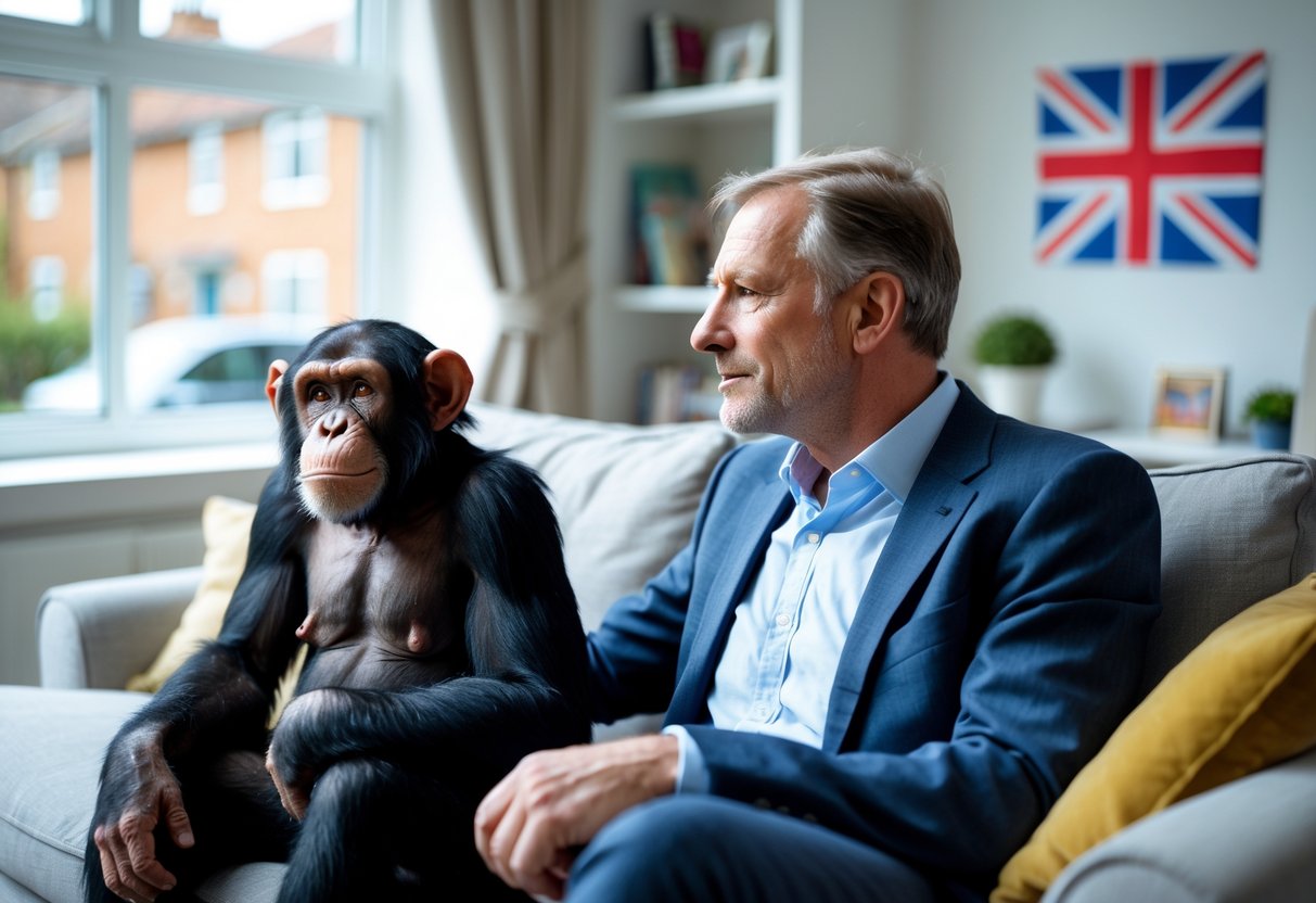 A man sitting on a sofa next to a calm chimpanzee in a bright living room with British decor.