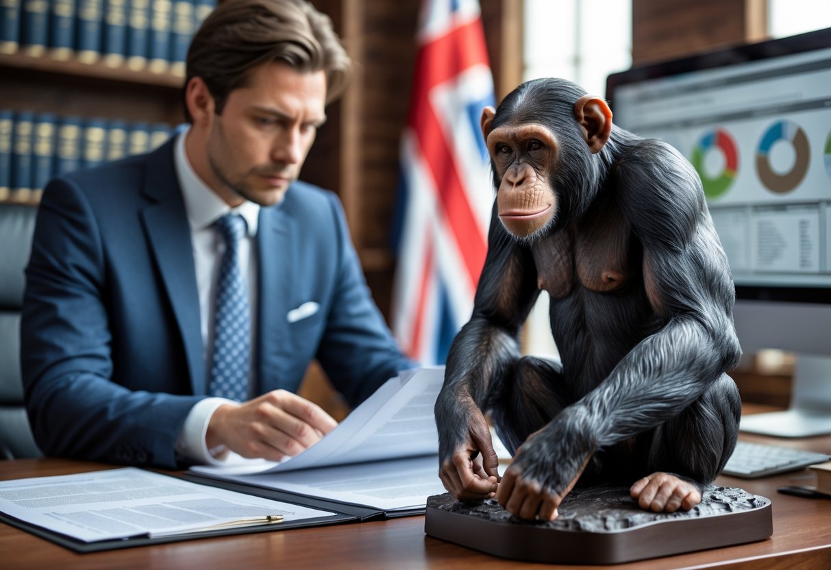A legal expert in an office reviewing documents with a chimpanzee model on the desk and British legal books in the background.