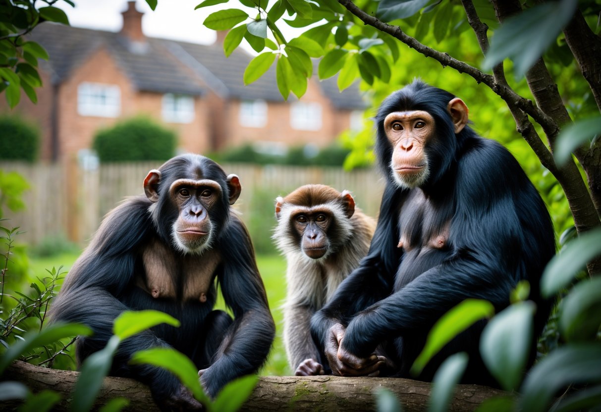Several primates including a chimpanzee, macaque, gibbon, and lemur in a leafy outdoor setting with a residential neighborhood visible in the background.