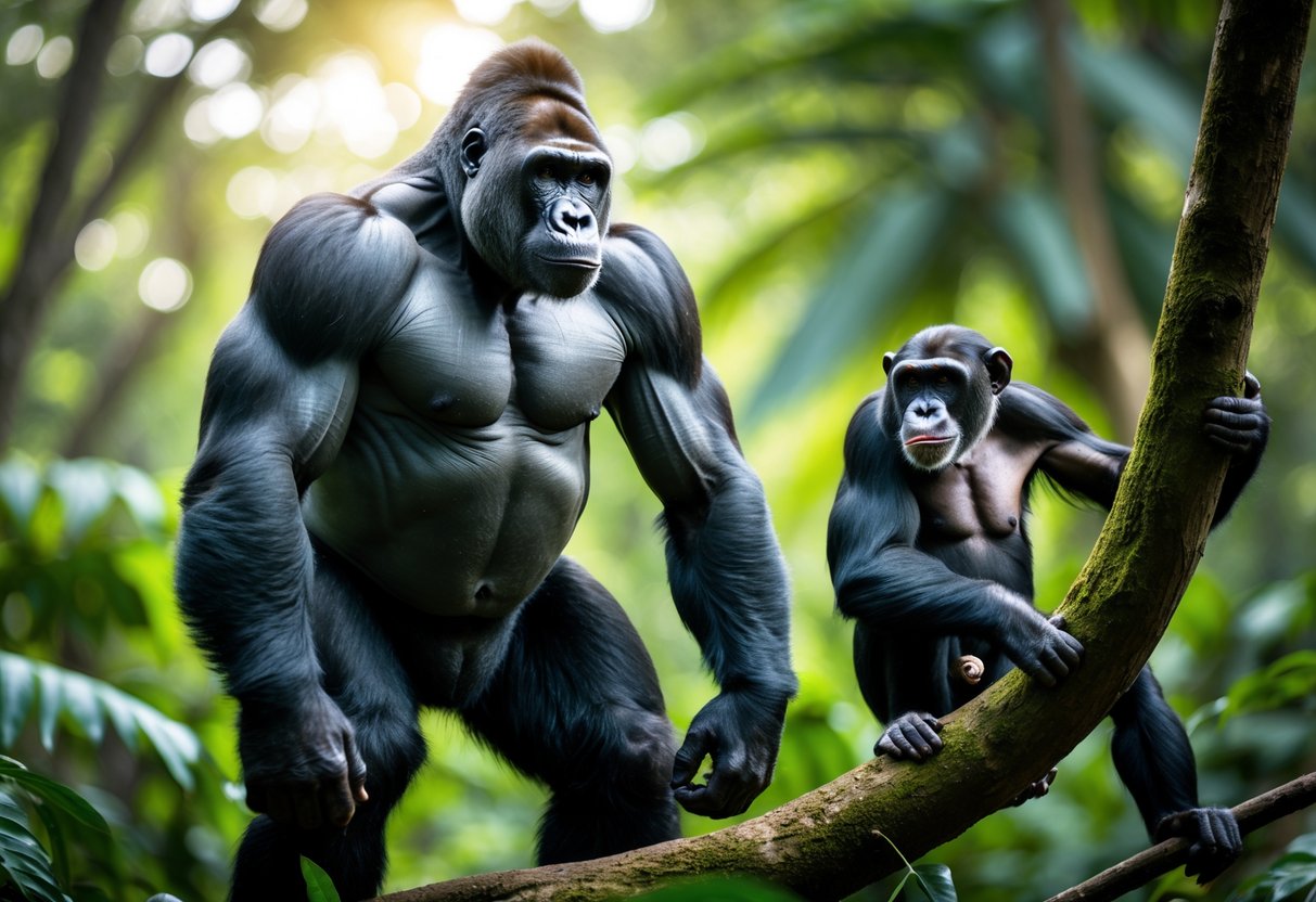 A strong gorilla standing on all fours near a smaller chimpanzee perched on a tree branch in a green jungle.