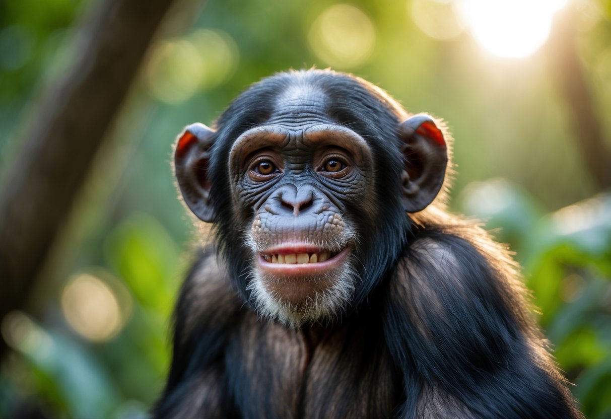 Chimpanzee smiling gently while looking directly at the camera in a natural outdoor setting with green foliage in the background.