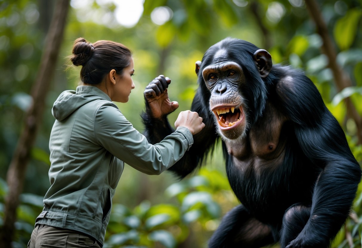 A person in outdoor clothing facing an aggressive chimpanzee in a forest, holding their arms up defensively.