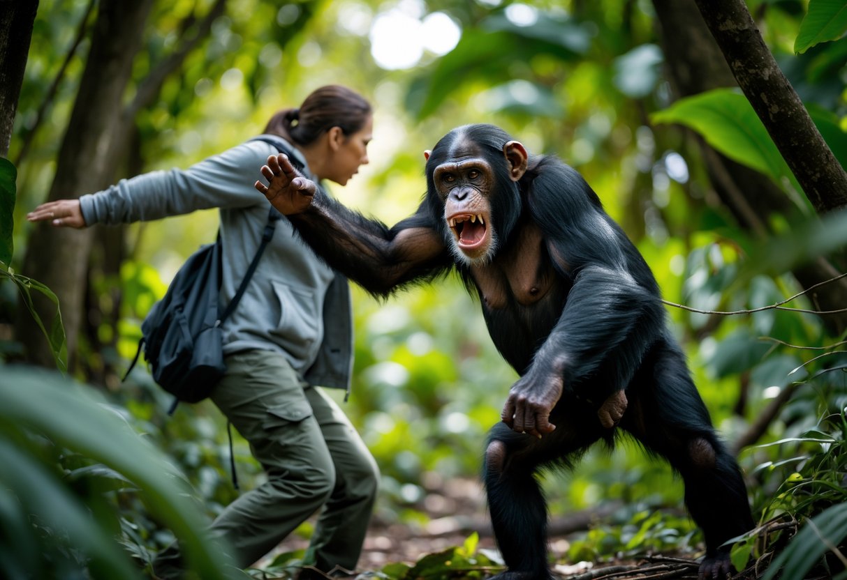 A person in a forest using a backpack to protect themselves from an aggressive chimpanzee lunging forward.
