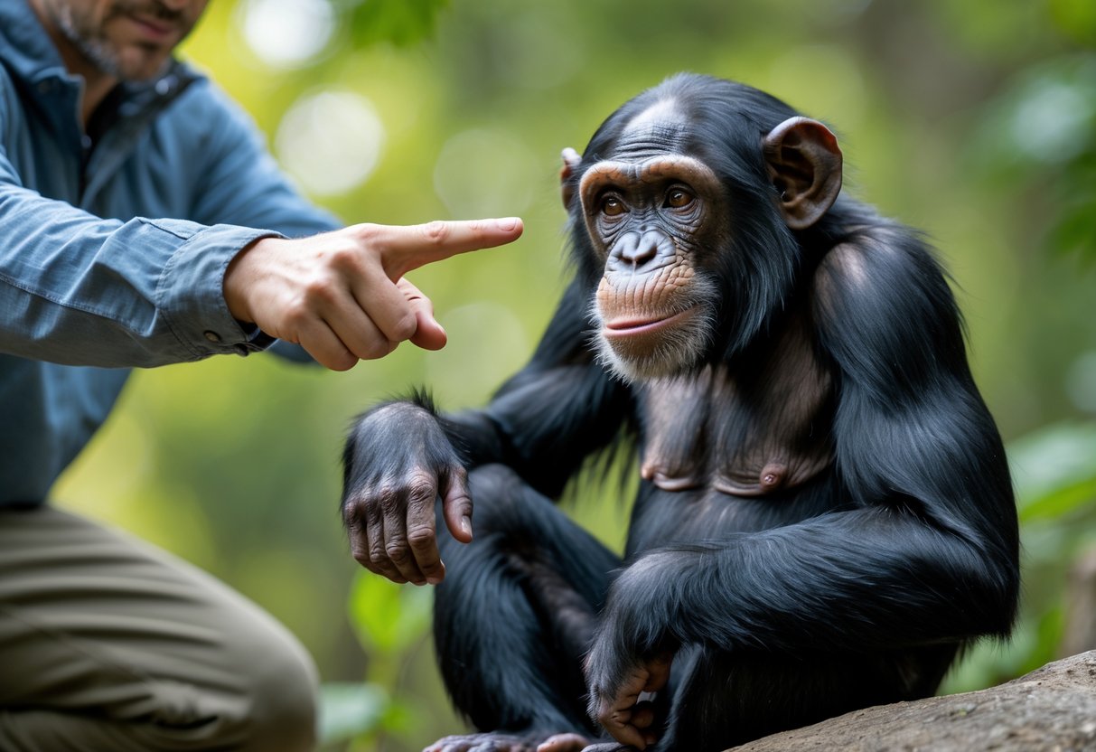A chimpanzee attentively looking at a human pointing with their finger in a forest setting.