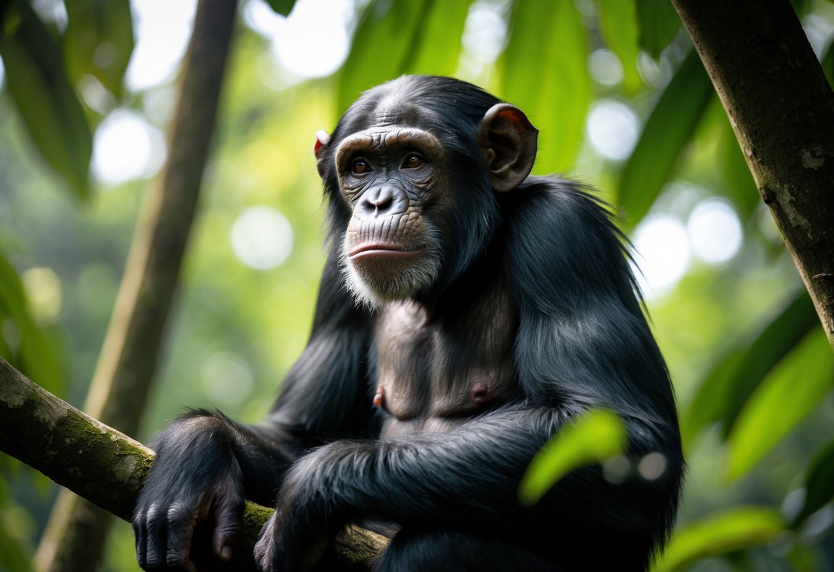 A chimpanzee sitting on a tree branch in a jungle, looking thoughtfully upward.