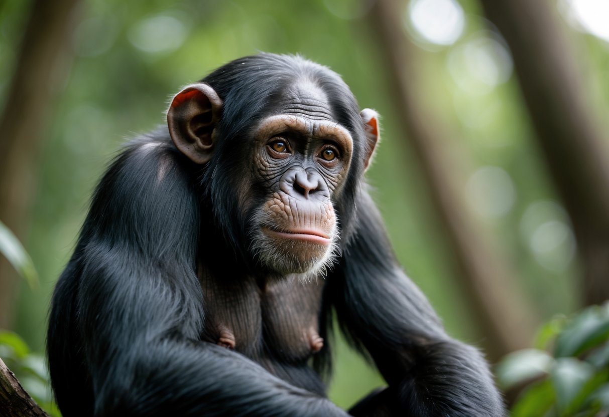 Close-up of a chimpanzee with a sad expression and watery eyes sitting in a forest.