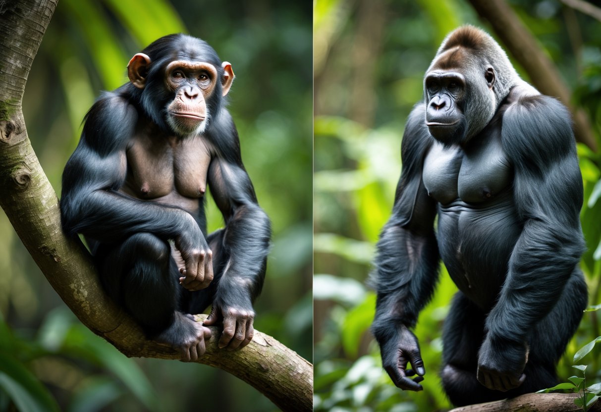 A chimpanzee sitting on a tree branch next to a gorilla standing on the ground in a jungle.