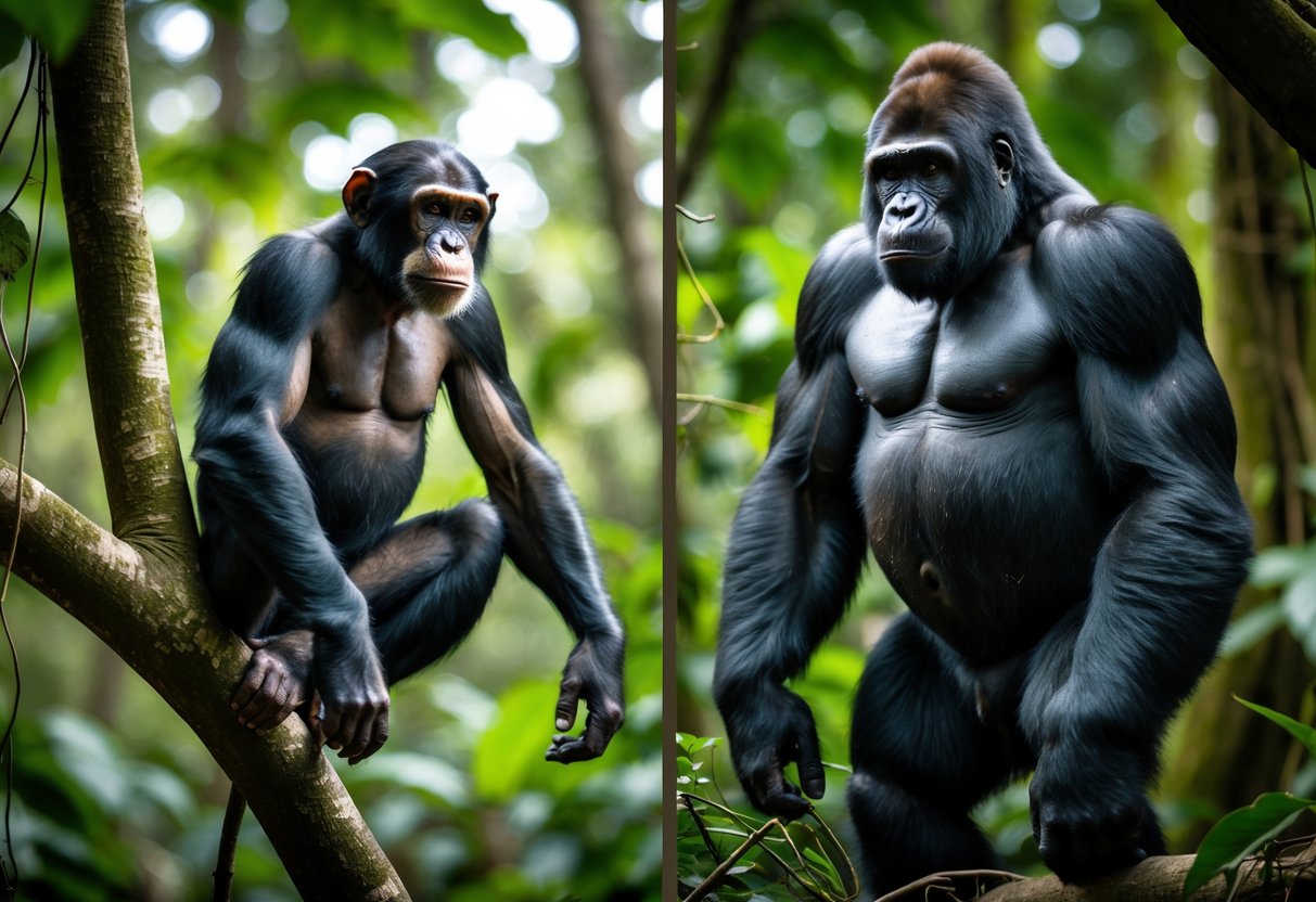 A chimpanzee sitting on a tree branch and a gorilla standing on the forest floor in a dense tropical forest.