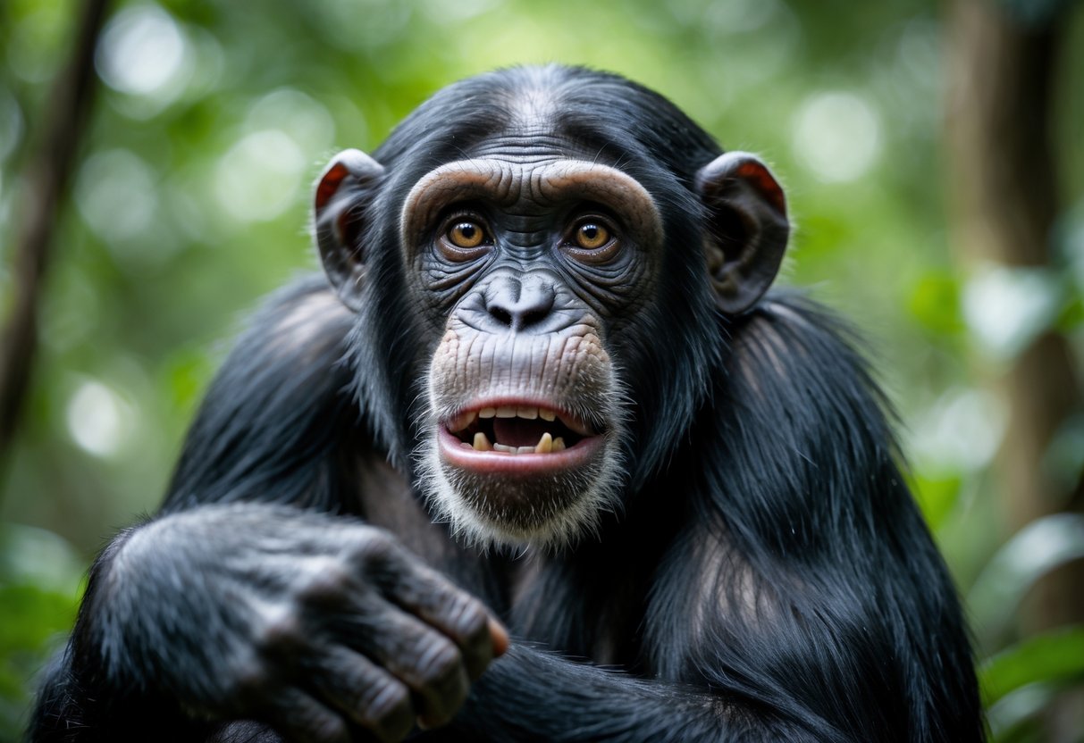 A frightened chimpanzee in a forest with wide eyes and tense posture.