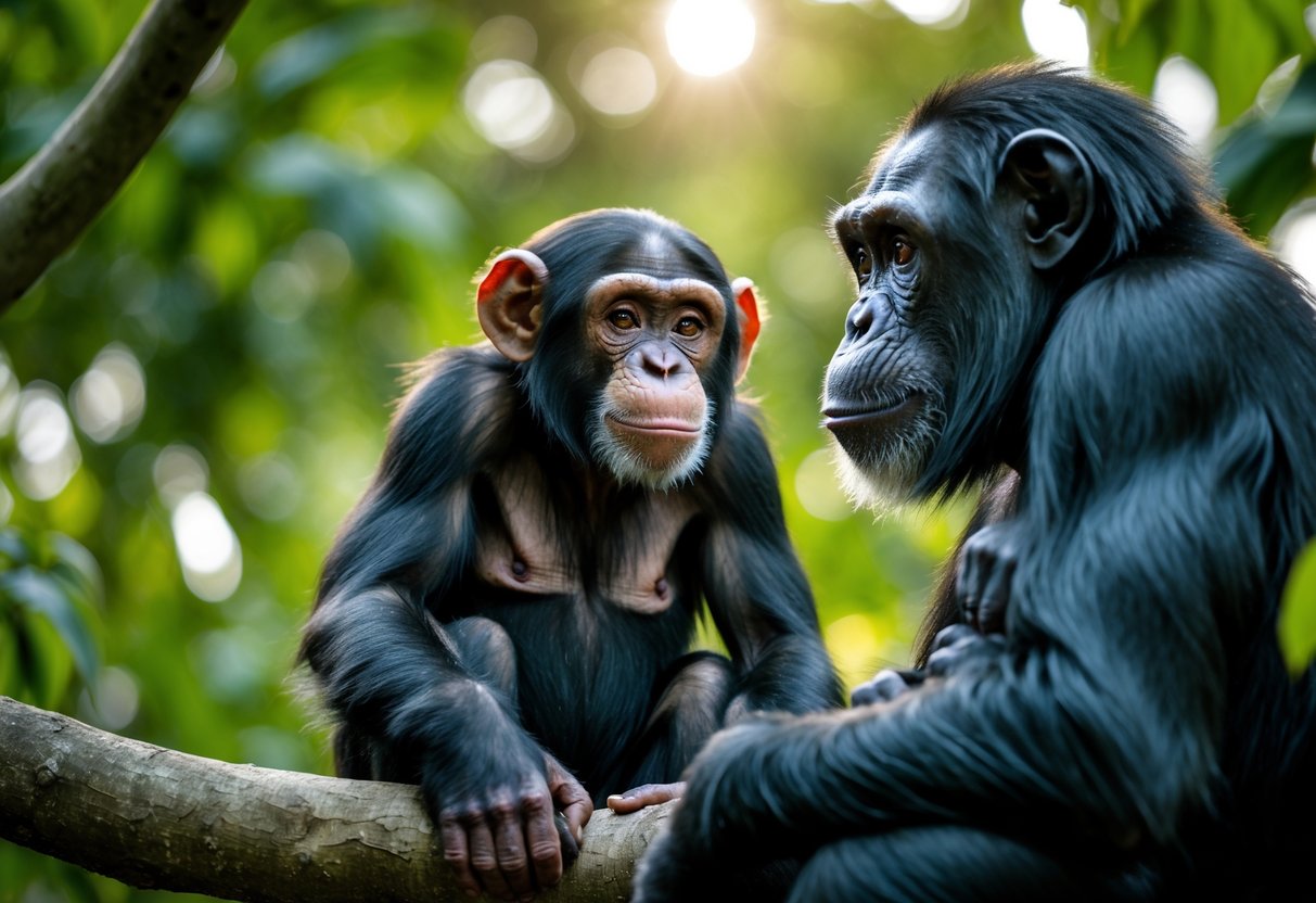 A person and a chimpanzee making eye contact outdoors in a forest setting.