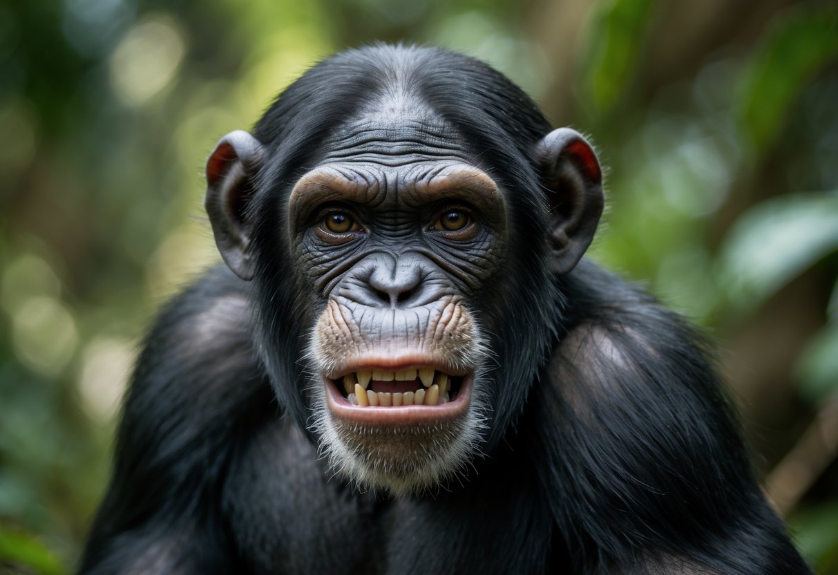 Close-up of a chimpanzee with an angry expression in a jungle setting.